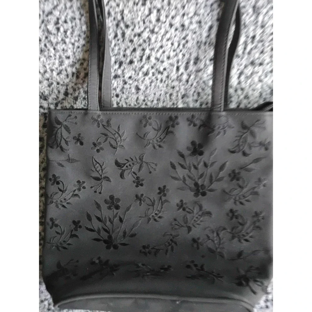Black Floral Embroidered Shoulder Bag Zip Top Tote with Exterior Pocket